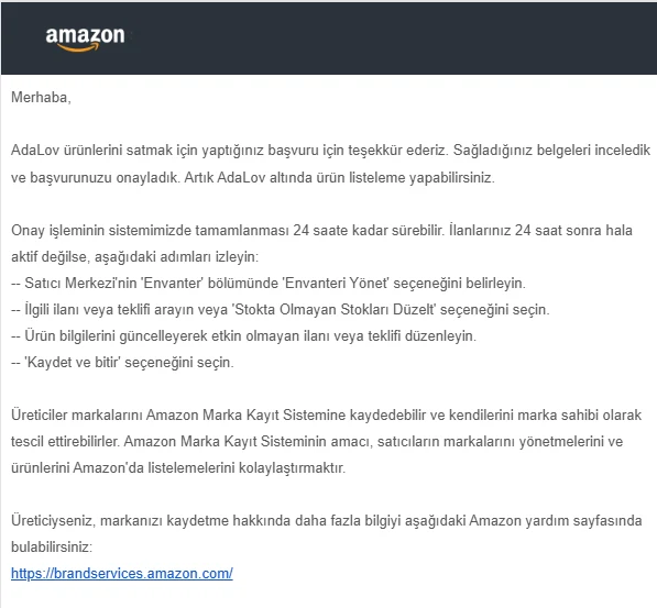 Amazon onay e-postası: AdaLov markası onaylandı