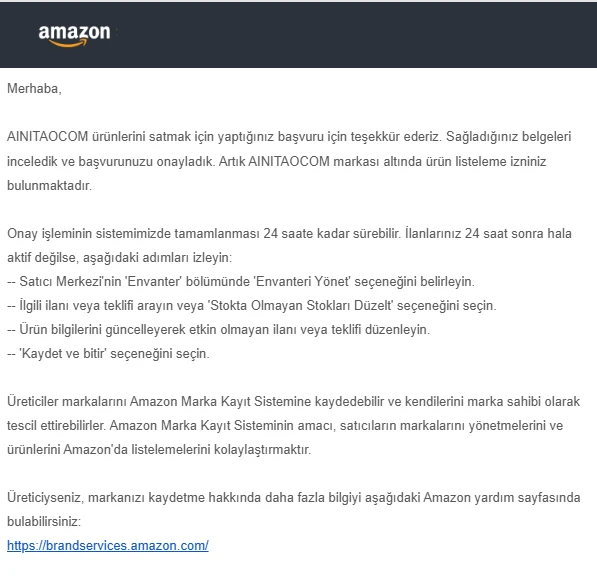 Amazon onay e-postası: AINITAOCOM markası onaylandı