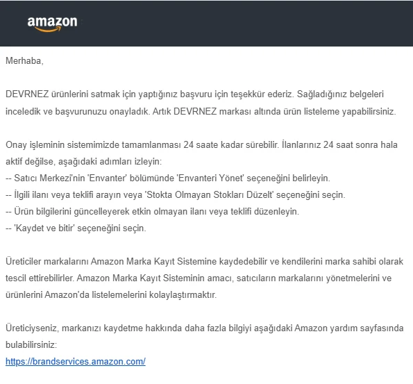 Amazon onay e-postası: DEVRNEZ markası onaylandı