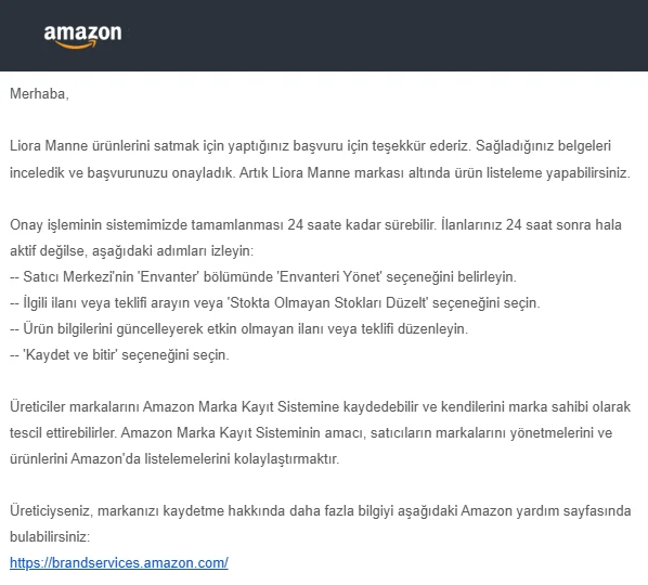 Amazon onay e-postası: Liora Manne markası onaylandı