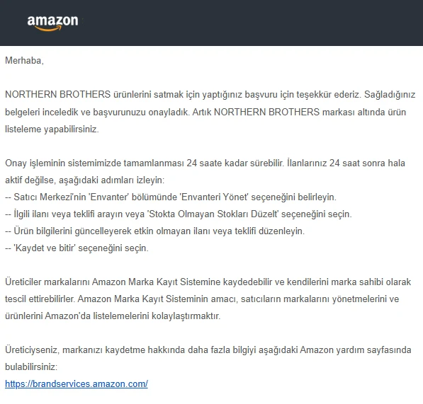 Amazon onay e-postası: NORTHERN BROTHERS markası onaylandı