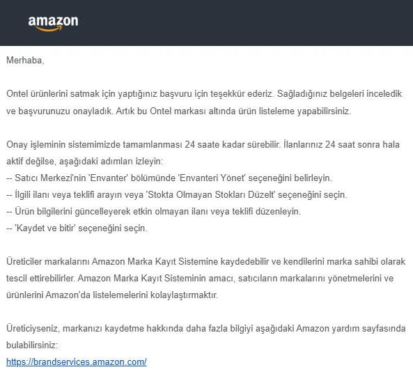 Amazon onay e-postası: Ontel markası onaylandı