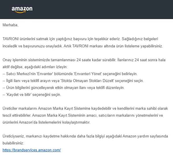 Amazon onay e-postası: TAVRONI markası onaylandı